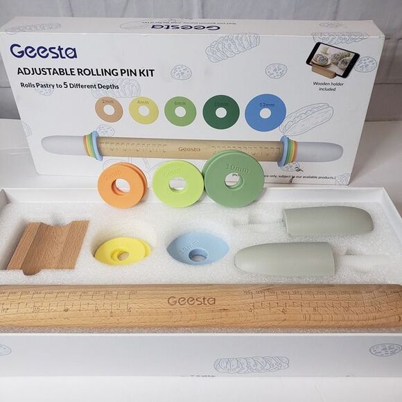 Open Box Geesta Adjustable Wood Rolling Pin 5 Thickness Rings NEVER Used Baking - Picture 1 of 10